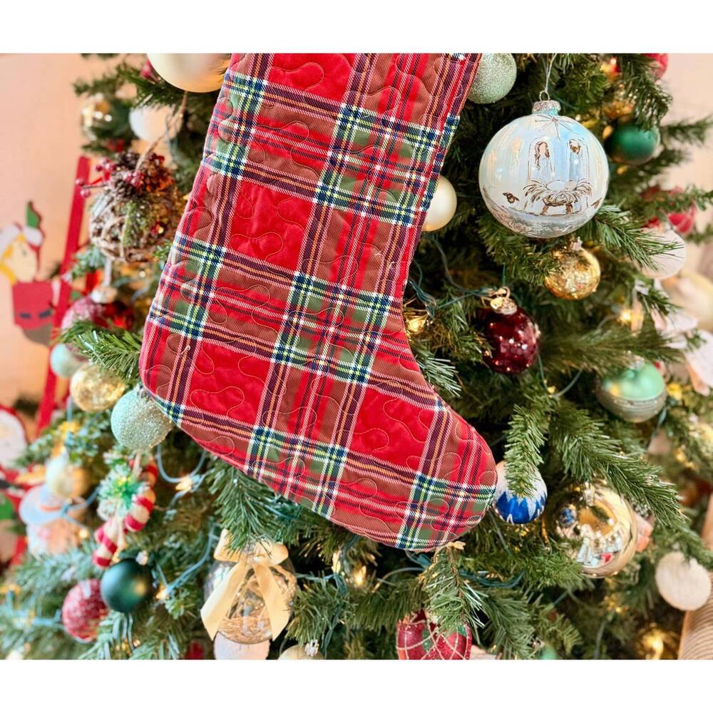 NEW IDA MAE HOME carrie plaid floral quilted stocking in red